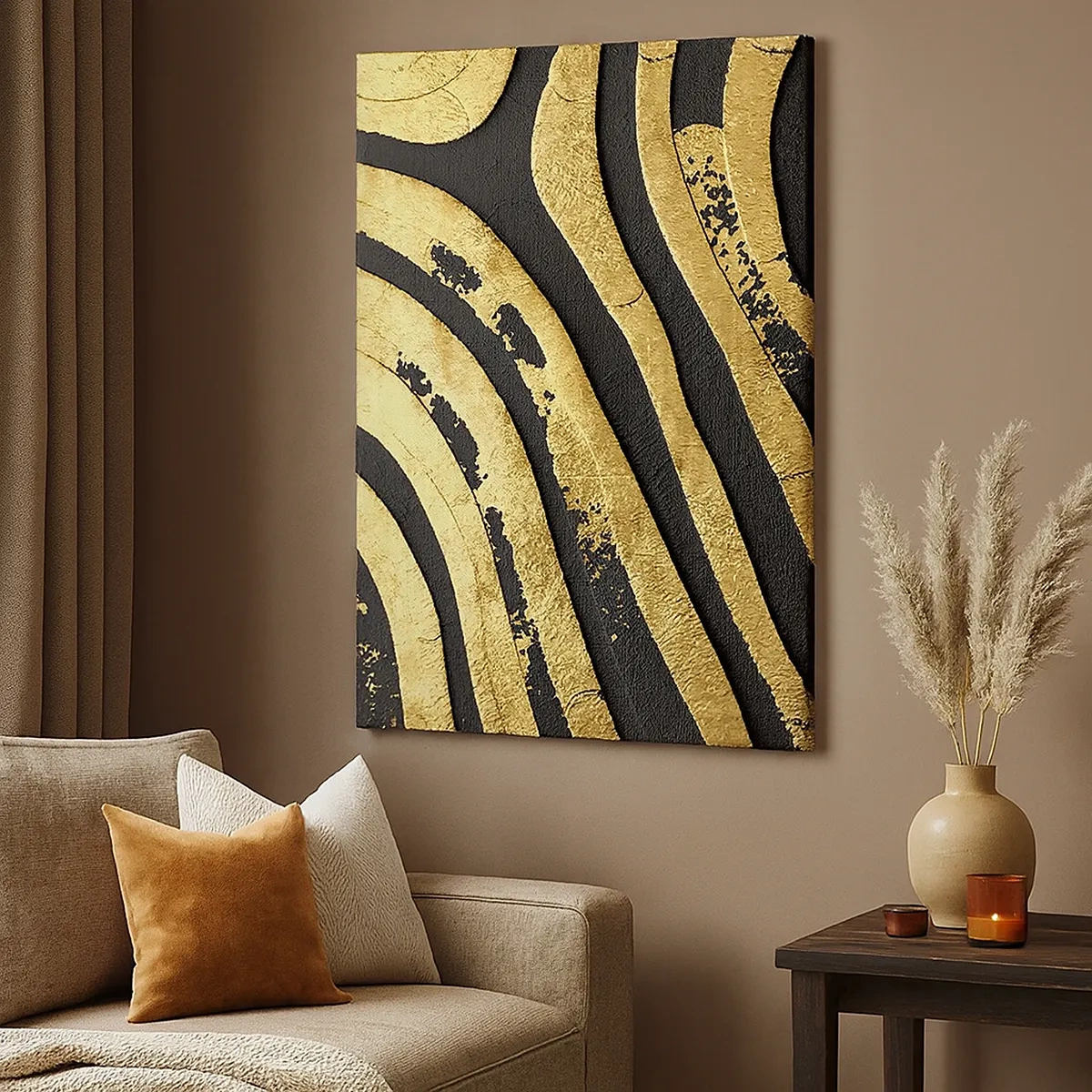 Bild auf Leinwand - Leinwandbild - Goldene abstrakte Wellen auf schwarzem Hintergrund - 50x70cm - Alles fließt - Moderne Wanddekoration für Wohnzimmer und Schlafzimmer ARTTOR