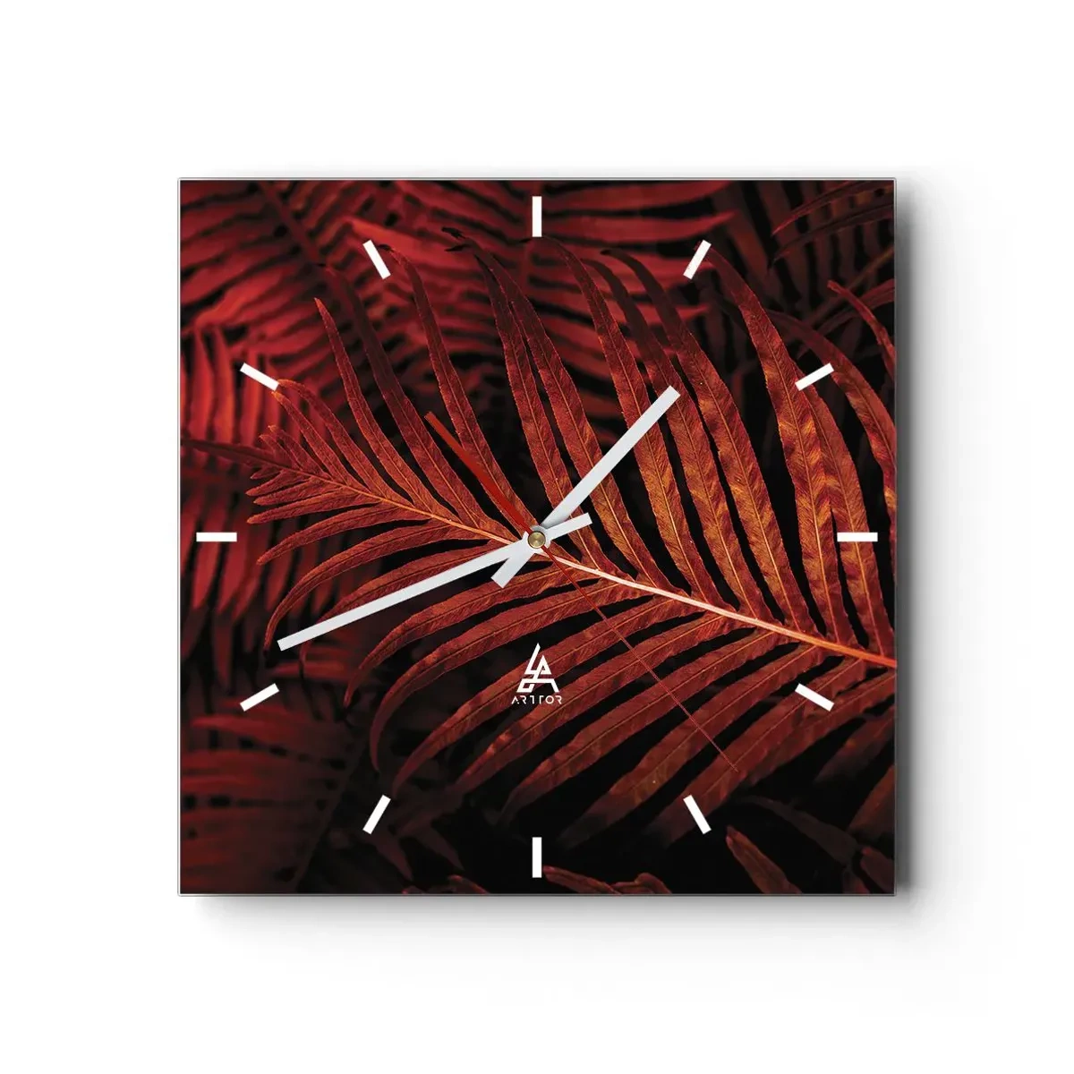 Wanduhr - Glasuhr - Nahaufnahme von roten tropischen Blättern - 30x30cm - Die Hitze des Lebens - Moderne Wanddekoration für Wohnzimmer und Schlafzimmer ARTTOR