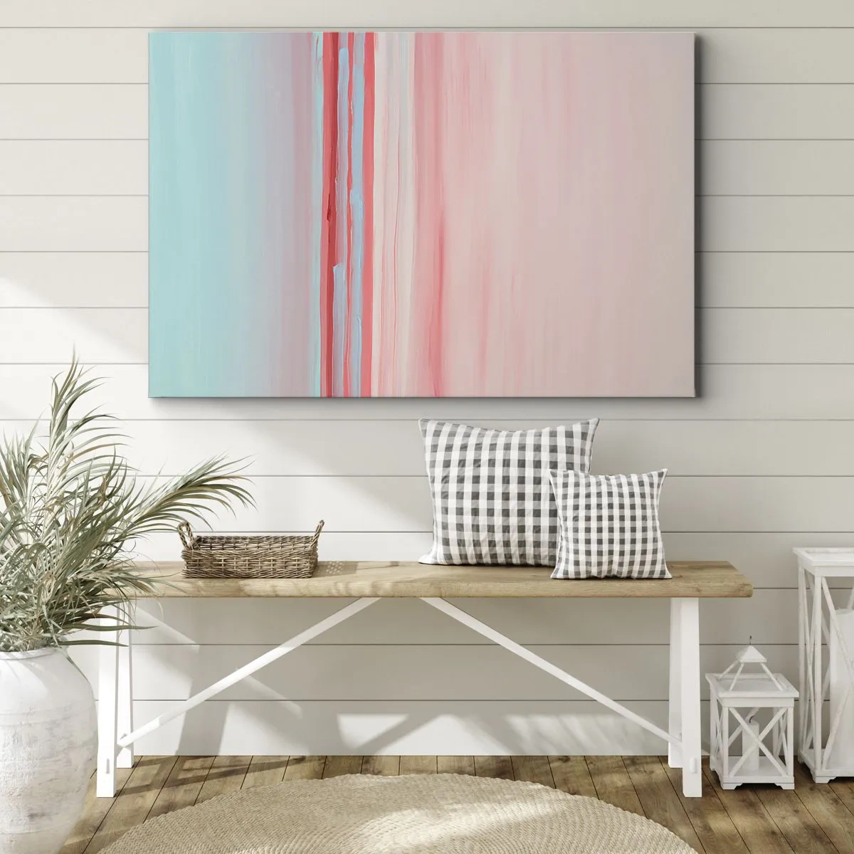 Bild auf Leinwand - Leinwandbild - Pastellfarbene Linien in Rosa- und Blautönen in einer minimalistischen Komposition - 100x70cm - Abstraktion im Morgengrauen - Moderne Wanddekoration für Wohnzimmer und Schlafzimmer ARTTOR