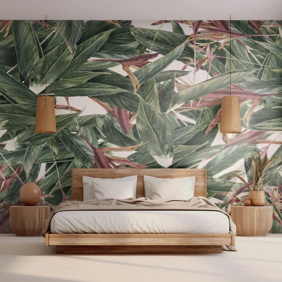 Fototapete Premium Sand - Botanisches Blattmuster in natürlichen Farben - 100x70cm - Smaragd-lila Dickicht - Moderne Wanddekoration für Wohnzimmer und Schlafzimmer ARTTOR