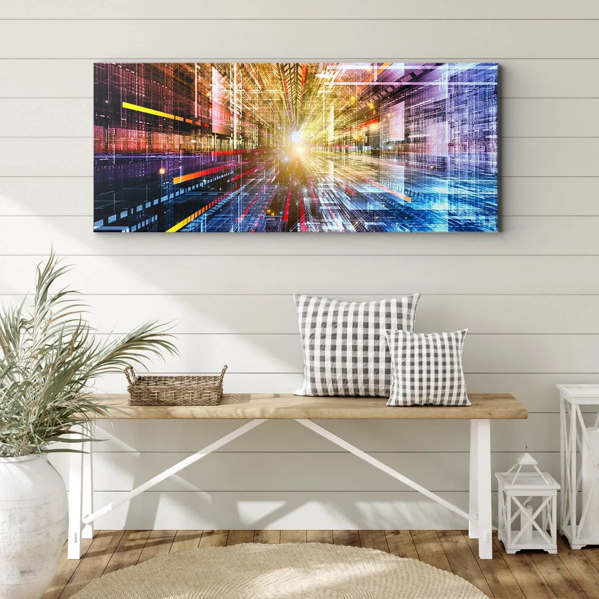 Bild auf Leinwand - Leinwandbild - Dynamische Lichter in einem futuristischen Korridor - 120x50cm - Leuchtender Korridor - Moderne Wanddekoration für Wohnzimmer und Schlafzimmer ARTTOR