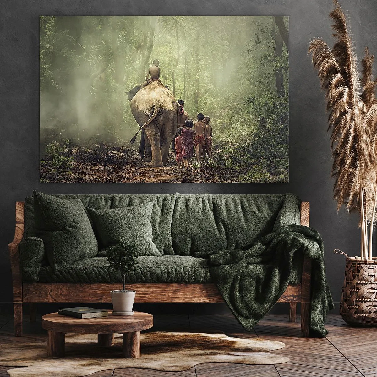 Bild auf Leinwand - Leinwandbild - Kinder mit einem Elefanten in einem grünen Wald im Morgenlicht - 70x50cm - Neues Dschungelbuch - Moderne Wanddekoration für Wohnzimmer und Schlafzimmer ARTTOR