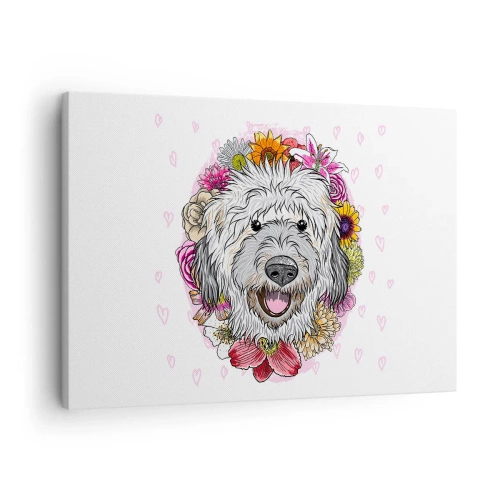 Bild auf Leinwand - Leinwandbild - Ein Hund umgeben von bunten Blumen - 70x50cm - Welpenfreude - Moderne Wanddekoration für Wohnzimmer und Schlafzimmer ARTTOR