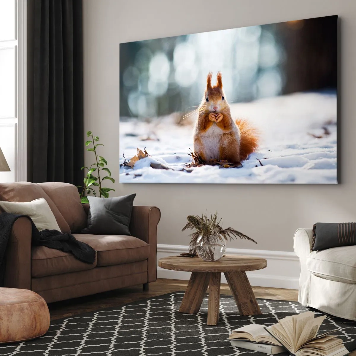 Bild auf Leinwand - Leinwandbild - Ein Eichhörnchen in einer Winterlandschaft - 120x80cm - Wo schaust du hin? - Moderne Wanddekoration für Wohnzimmer und Schlafzimmer ARTTOR