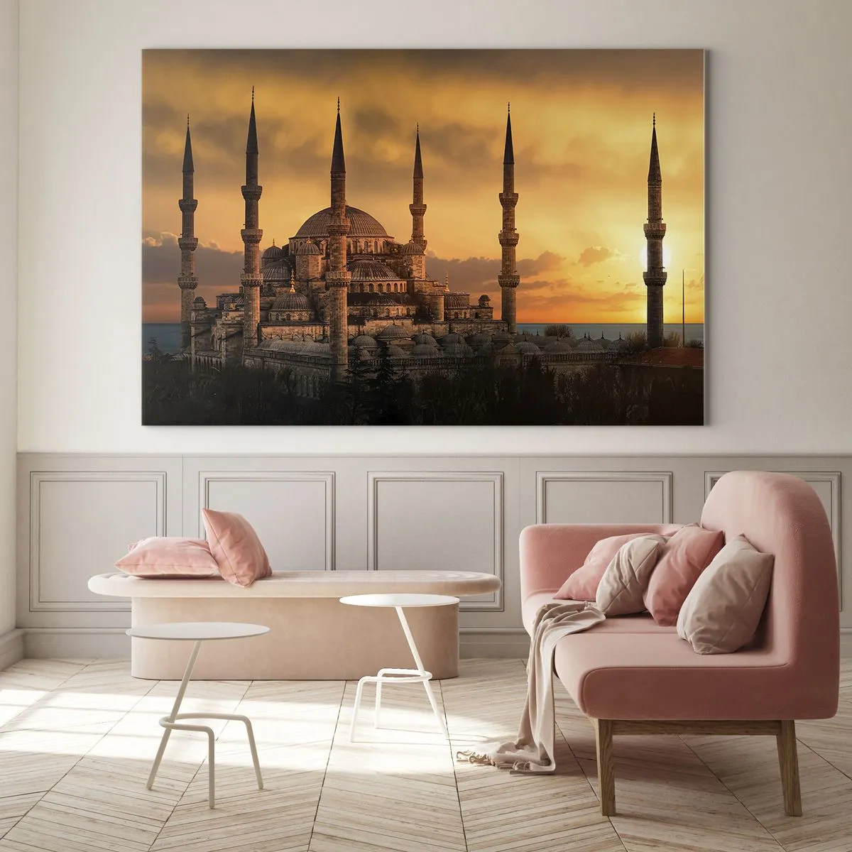 Glasbild - Bild auf glas - Die Blaue Moschee vor der Kulisse des Sonnenuntergangs - 70x50cm - Gott ist großartig - Moderne Wanddekoration für Wohnzimmer und Schlafzimmer ARTTOR