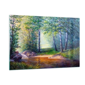 Glasbild - Bild auf glas - Ein Waldbach, umgeben von Bäumen in den Sonnenstrahlen - 120x80cm - Idyllische Landschaft - Moderne Wanddekoration für Wohnzimmer und Schlafzimmer ARTTOR