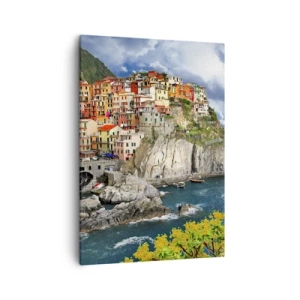 Bild auf Leinwand - Leinwandbild - Bunte Häuser auf einer Klippe mit Blick auf das Meer in Cinque Terre - 50x70cm - Eine Gruppe umarmt die Felsen - Moderne Wanddekoration für Wohnzimmer und Schlafzimmer ARTTOR