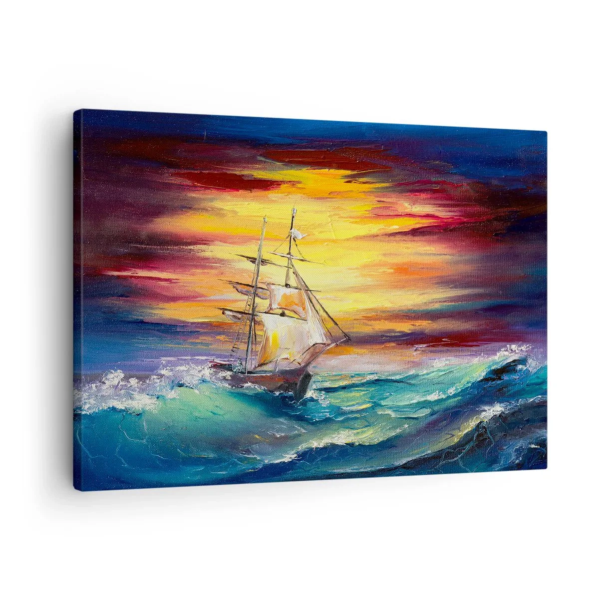 Bild auf Leinwand - Leinwandbild - Ein Segelschiff vor der Kulisse eines farbenfrohen Sonnenuntergangs - 70x50cm - Tapfer unter den Wellen - Moderne Wanddekoration für Wohnzimmer und Schlafzimmer ARTTOR