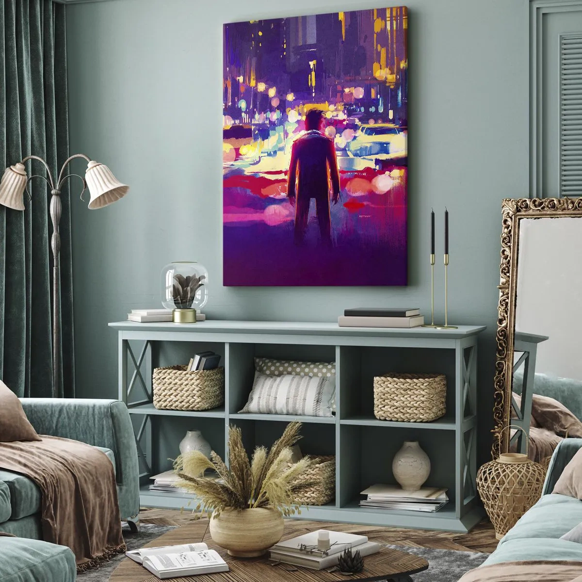 Bild auf Leinwand - Leinwandbild - Ein Mann in einer neonfarbenen Nachtszene einer Stadt - 50x70cm - Eingetaucht in das Licht - Moderne Wanddekoration für Wohnzimmer und Schlafzimmer ARTTOR