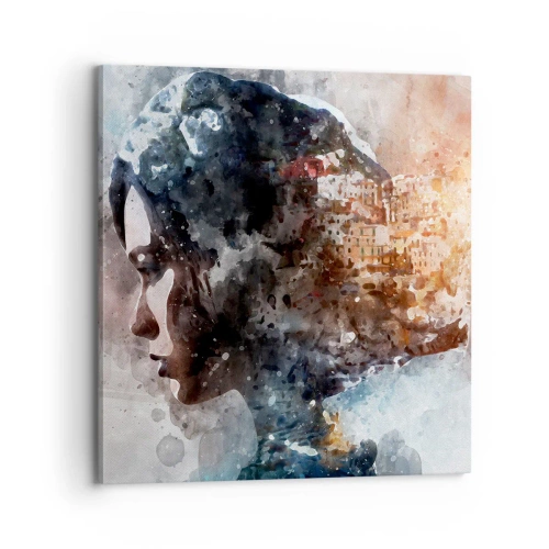 Bild auf Leinwand - Leinwandbild - Eine Geschichte über ein Mädchen mit einer Stadt im Hintergrund - 70x70 cm