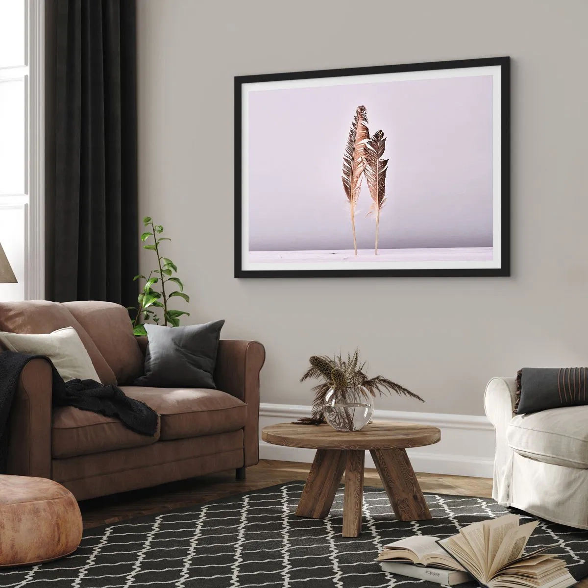 Poster in einem schwarzem Rahmen - Zarte Federn auf hellem Untergrund im minimalistischen Stil - 100x70cm - Gegen das Nichts - Moderne Wanddekoration für Wohnzimmer und Schlafzimmer ARTTOR