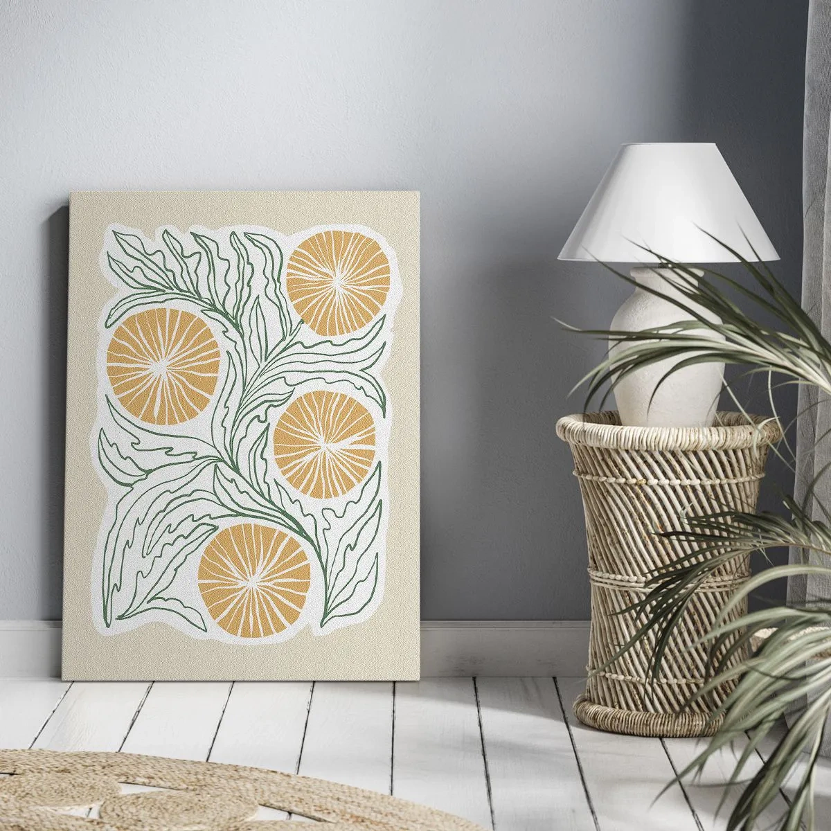 Bild auf Leinwand - Leinwandbild - Ein minimalistisches orangefarbenes Motiv mit grünen Blättern - 50x70cm - Ethnisch mit einem Hauch von Abstraktion - Moderne Wanddekoration für Wohnzimmer und Schlafzimmer ARTTOR