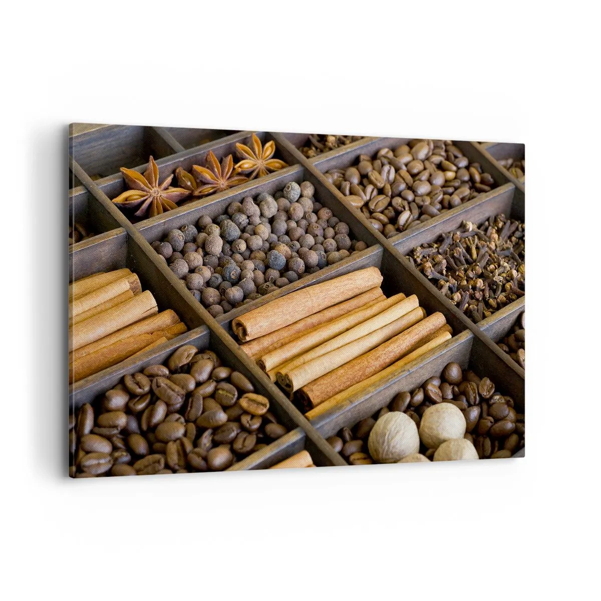 Bild auf Leinwand - Leinwandbild - Gewürze und Kaffee in Holzfächern - 120x80cm - Eine Fundgrube an Aromen - Moderne Wanddekoration für Wohnzimmer und Schlafzimmer ARTTOR