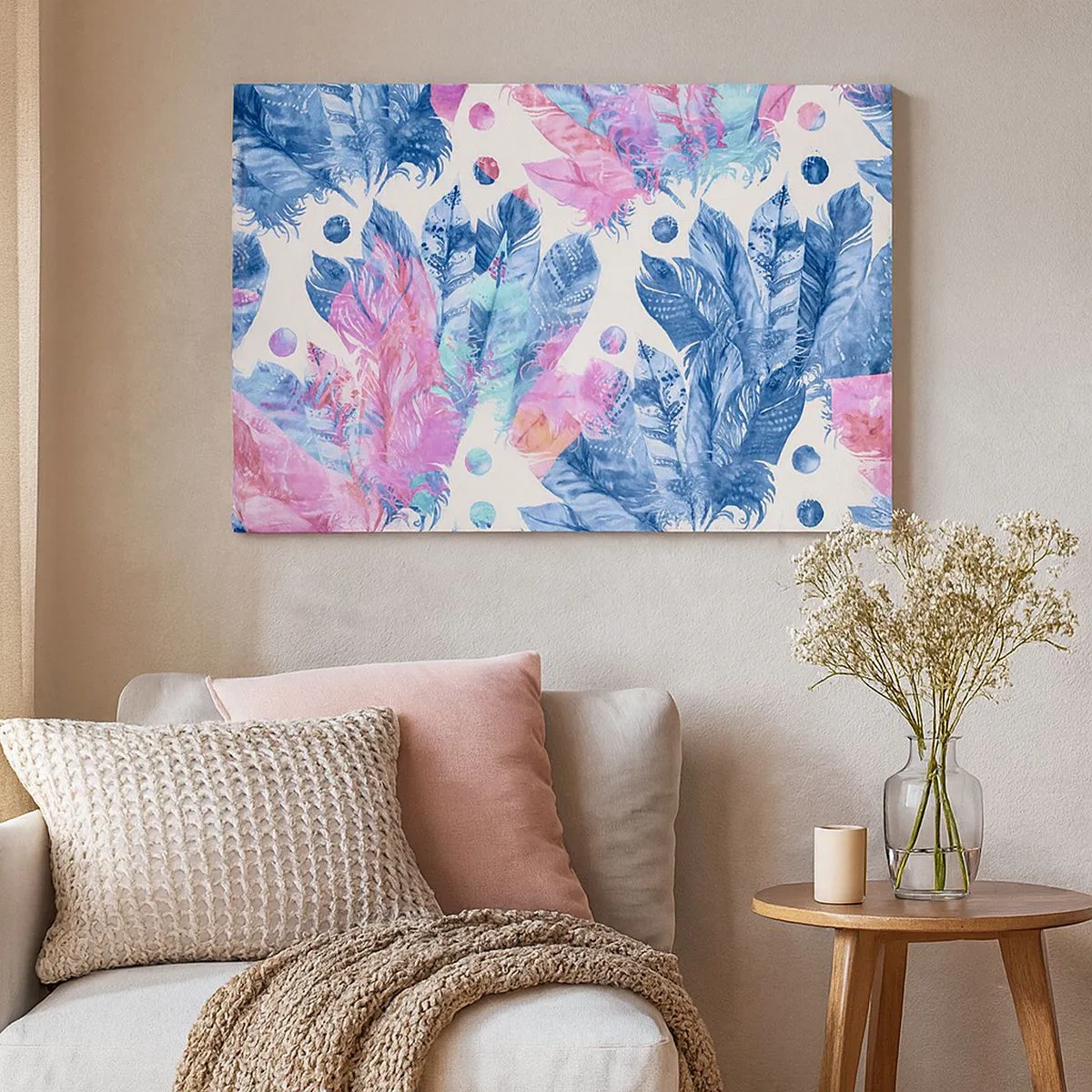Bild auf Leinwand - Leinwandbild - Abstraktes Muster mit bunten Federn in Pastelltönen - 70x50cm - Pflaumen in Pink und Blau - Moderne Wanddekoration für Wohnzimmer und Schlafzimmer ARTTOR