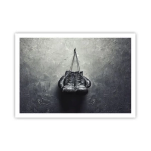 Poster - Alte Boxhandschuhe an der Wand - 100x70cm - Zeit des Kampfes und Zeit des Friedens - Moderne Wanddekoration für Wohnzimmer und Schlafzimmer ARTTOR