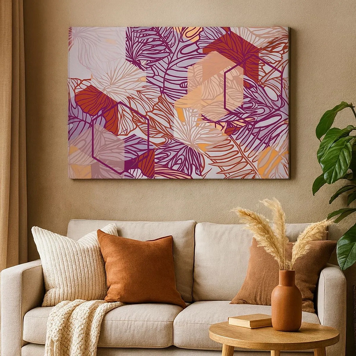 Bild auf Leinwand - Leinwandbild - Ein dekoratives tropisches Blattmuster in Lila-, Orange- und Beigetönen. - 70x50cm - Unmögliche Beziehung zwischen Geometrie und Natur - Moderne Wanddekoration für Wohnzimmer und Schlafzimmer ARTTOR