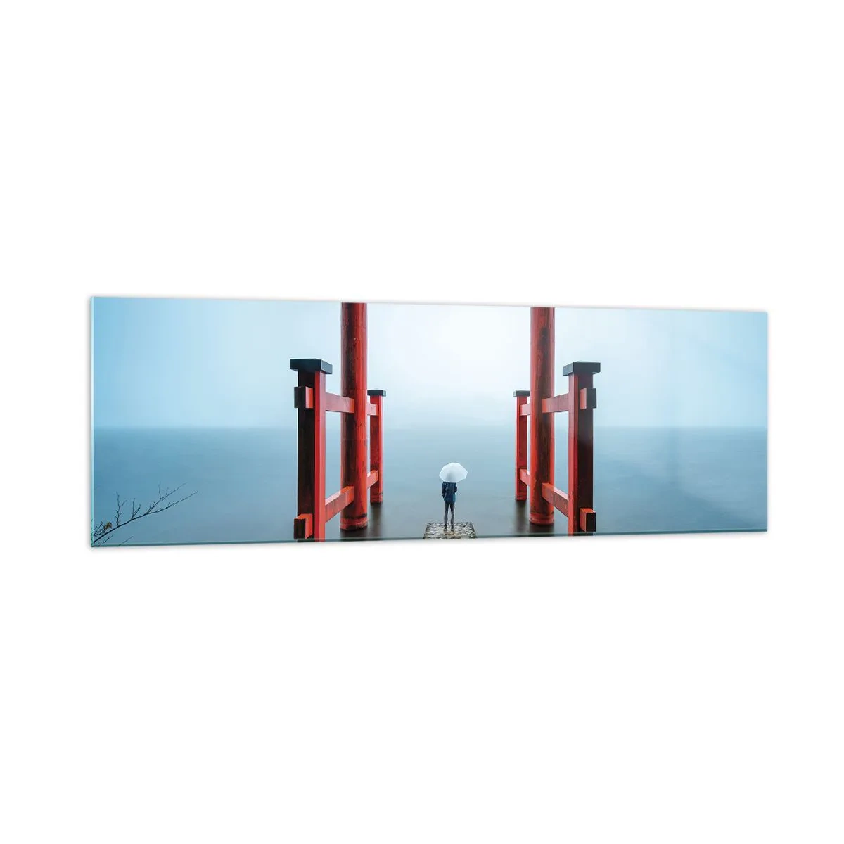 Glasbild - Bild auf glas - Ein Torii-Tor mit Blick auf einen ruhigen See in Japan - 160x50cm - Japanische Träumerei - Moderne Wanddekoration für Wohnzimmer und Schlafzimmer ARTTOR