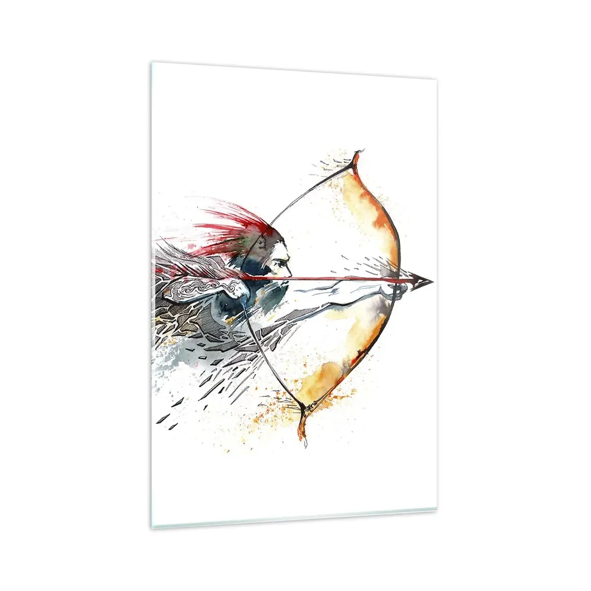 Glasbild - Bild auf glas - Dynamisches Aquarell eines Kriegers mit Pfeil und Bogen - 80x120cm - Mythischer Krieger mit feurigem Bogen - Moderne Wanddekoration für Wohnzimmer und Schlafzimmer ARTTOR
