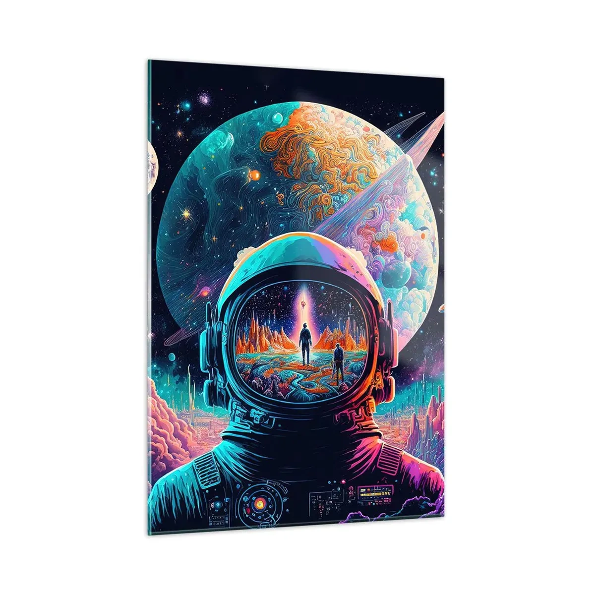 Glasbild - Bild auf glas - Eine Weltraumlandschaft mit einem Astronauten und einem surrealen Planeten. - 50x70cm - Philosophen haben nicht davon geträumt - Moderne Wanddekoration für Wohnzimmer und Schlafzimmer ARTTOR