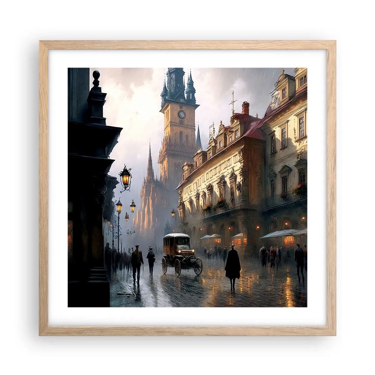 Poster in einem Rahmen aus heller Eiche - Charme eines Prager Abends - 50x50 cm