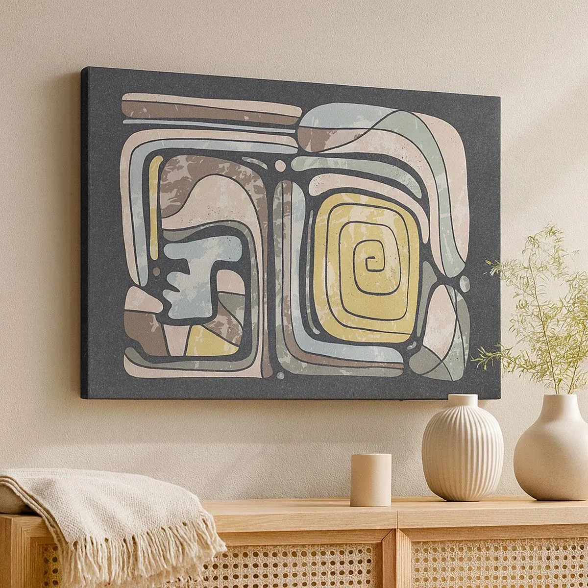 Bild auf Leinwand - Leinwandbild - Präkolumbianische Muster in Pastellfarben auf dunklem Hintergrund - 70x50cm - Abstraktion im präkolumbianischen Geist - Moderne Wanddekoration für Wohnzimmer und Schlafzimmer ARTTOR