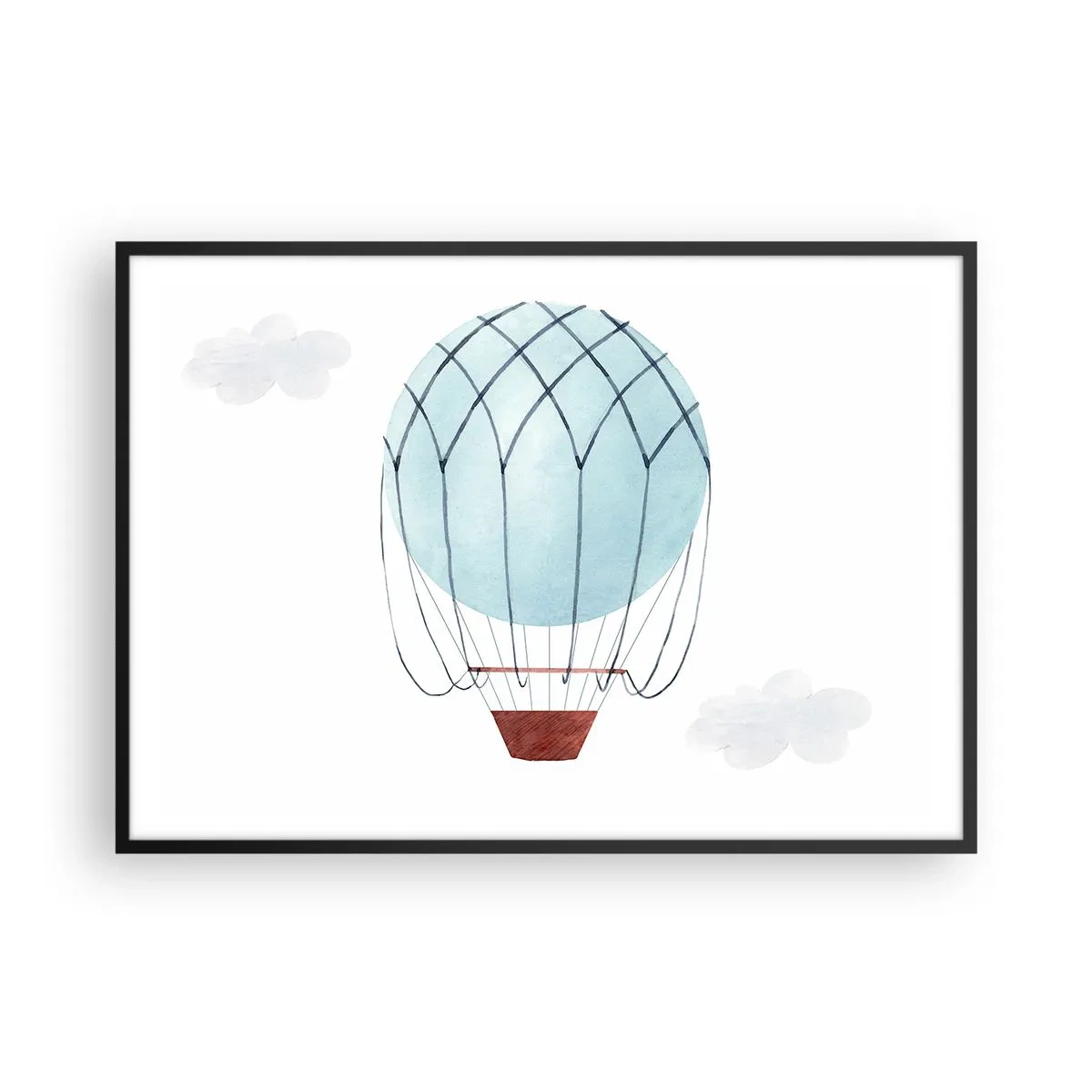 Poster in einem schwarzem Rahmen - Ein handbemalter Ballon vor dem Hintergrund zarter Wolken. - 100x70cm - Ganz in den Wolken - Moderne Wanddekoration für Wohnzimmer und Schlafzimmer ARTTOR