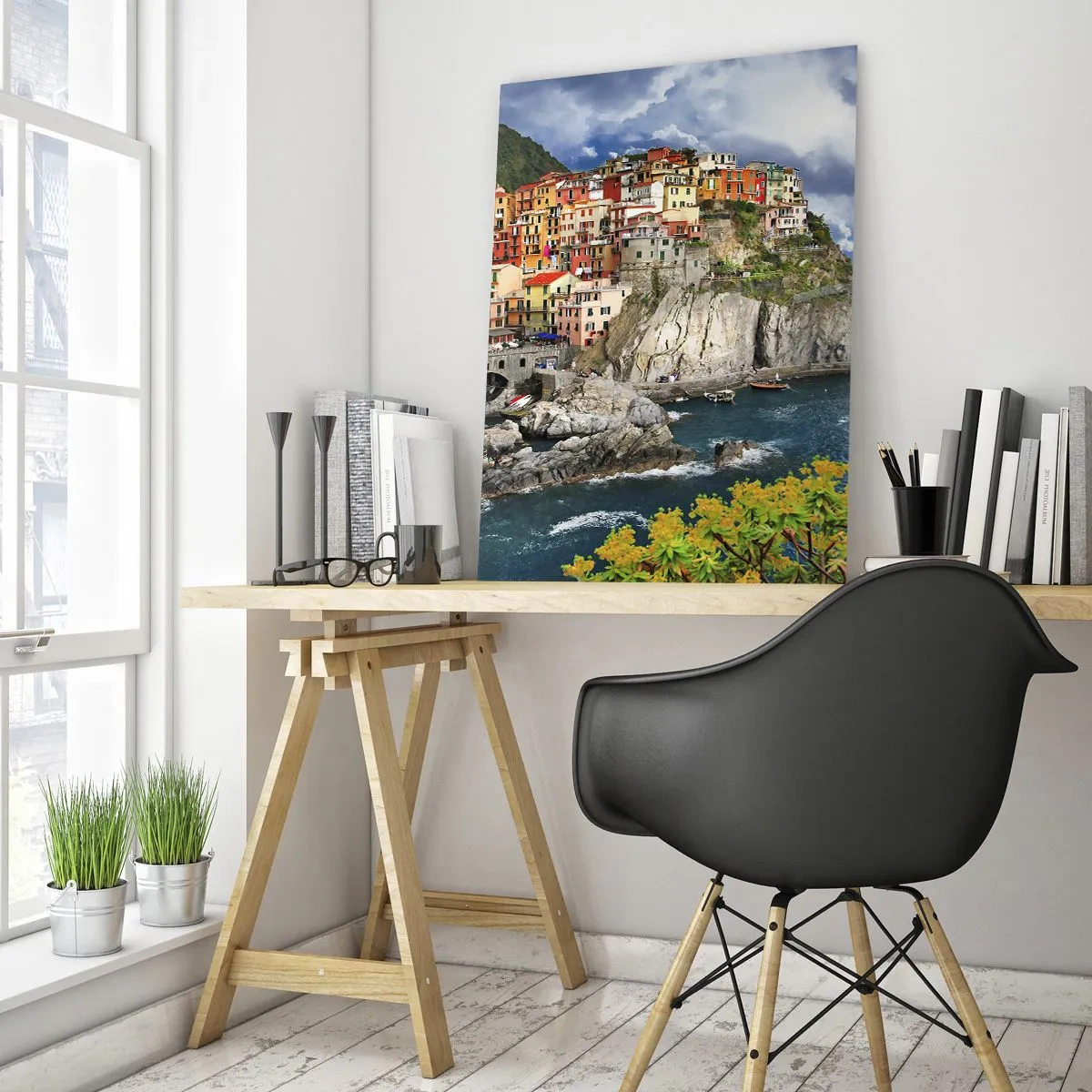 Glasbild - Bild auf glas - Bunte Häuser auf einer Klippe mit Blick auf das Meer in Cinque Terre - 70x100cm - Eine Gruppe umarmt die Felsen - Moderne Wanddekoration für Wohnzimmer und Schlafzimmer ARTTOR
