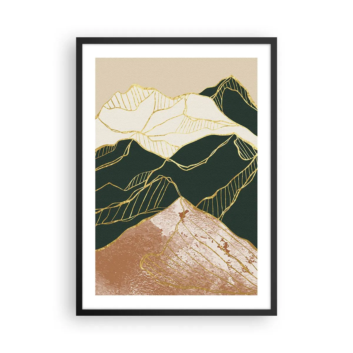Poster in einem schwarzem Rahmen - Abstrakte goldene Linien schaffen eine Berglandschaft - 50x70cm - Goldene Spitzen - Moderne Wanddekoration für Wohnzimmer und Schlafzimmer ARTTOR