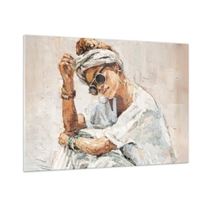 Glasbild - Bild auf glas - Porträt einer Frau mit Brille und Turban, gemalt mit einem Spachtel - 100x70cm - Porträt in voller Sonne - Moderne Wanddekoration für Wohnzimmer und Schlafzimmer ARTTOR