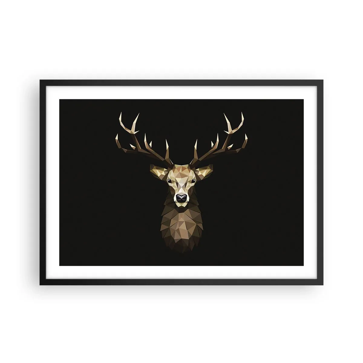 Poster in einem schwarzem Rahmen - Geometrisches Polygon Hirsch auf schwarzem Hintergrund - 70x50cm - Kubistischer Hirsch - Moderne Wanddekoration für Wohnzimmer und Schlafzimmer ARTTOR