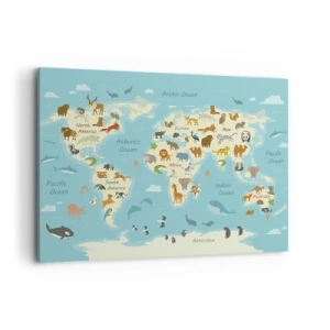 Bild auf Leinwand - Leinwandbild - Weltkarte mit Tierillustrationen - 100x70cm - Gute Nachbarn - Moderne Wanddekoration für Wohnzimmer und Schlafzimmer ARTTOR
