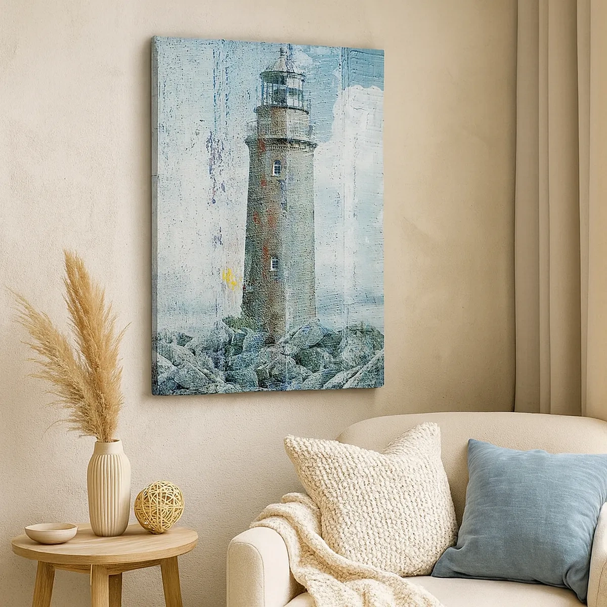 Bild auf Leinwand - Leinwandbild - Ein Leuchtturm an einer felsigen Küste in Pastellfarben - 50x70cm - Auf altem Holz - Moderne Wanddekoration für Wohnzimmer und Schlafzimmer ARTTOR