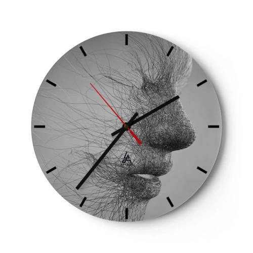 Wanduhr - Glasuhr - Abstraktes Gesicht mit dünnen Linien auf grauem Hintergrund - 30x30cm - Der Geist des Windes - Moderne Wanddekoration für Wohnzimmer, Küche und Schlafzimmer ARTTOR