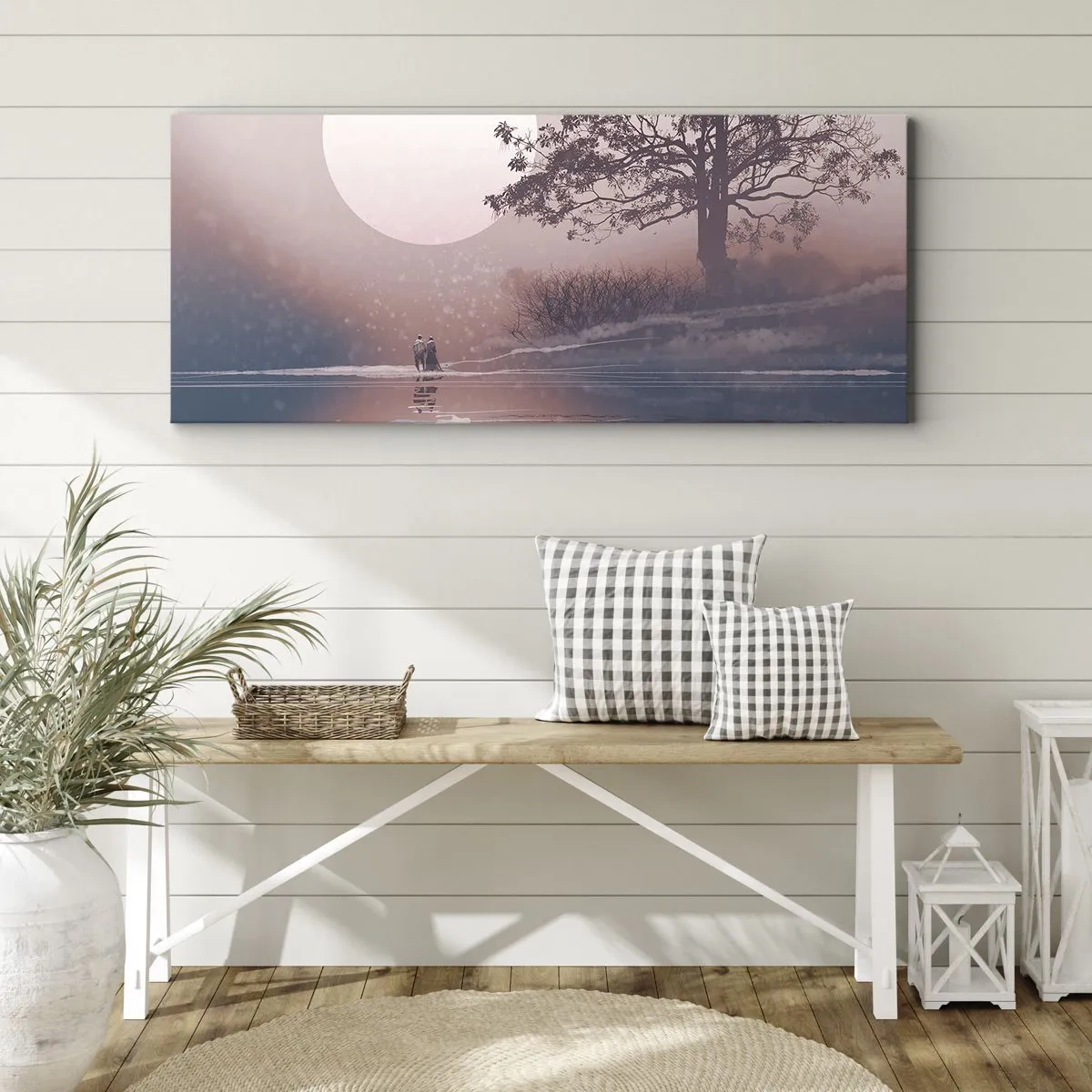 Bild auf Leinwand - Leinwandbild - Romantische Szene mit dem Mond und einem Baum am Wasser - 120x50cm - Wunder der Nacht - Moderne Wanddekoration für Wohnzimmer und Schlafzimmer ARTTOR