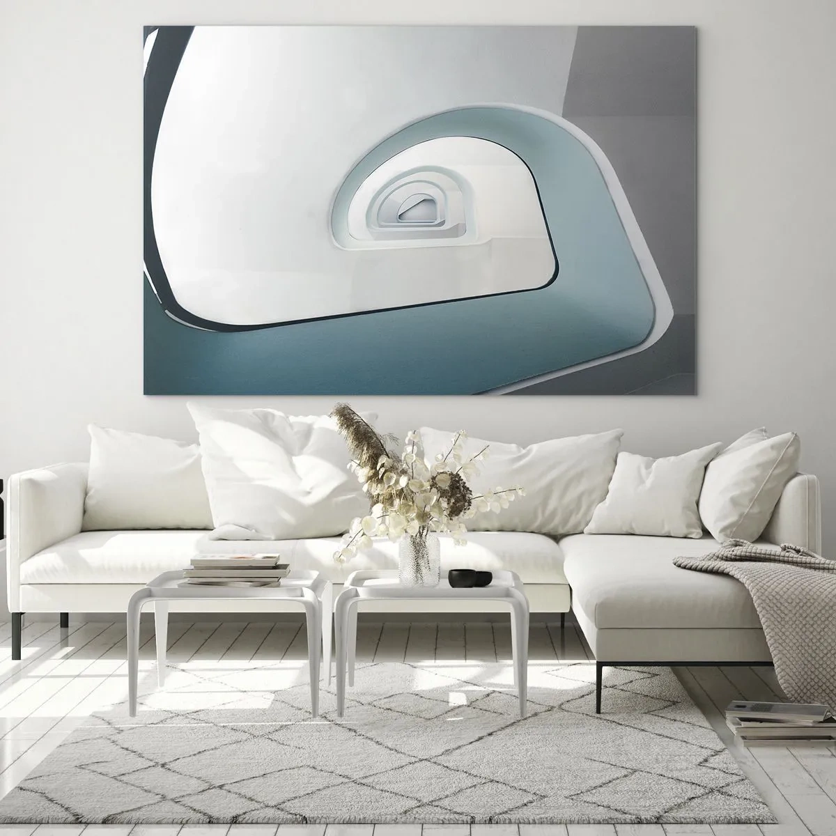 Glasbild - Bild auf glas - Eine moderne Treppe in abstrakter Perspektive - 70x50cm - Bis zum Ende des Blaus - Moderne Wanddekoration für Wohnzimmer und Schlafzimmer ARTTOR