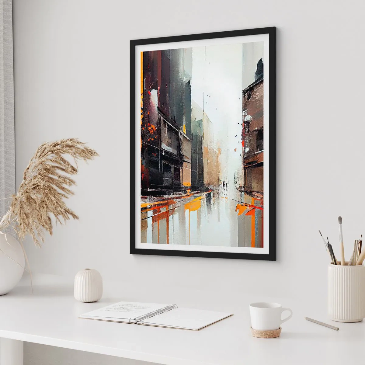 Poster in einem schwarzem Rahmen - Abstraktes Stadtpanorama in Grau- und Orangetönen - 50x70cm - Regnerischer Tag - Moderne Wanddekoration für Wohnzimmer und Schlafzimmer ARTTOR