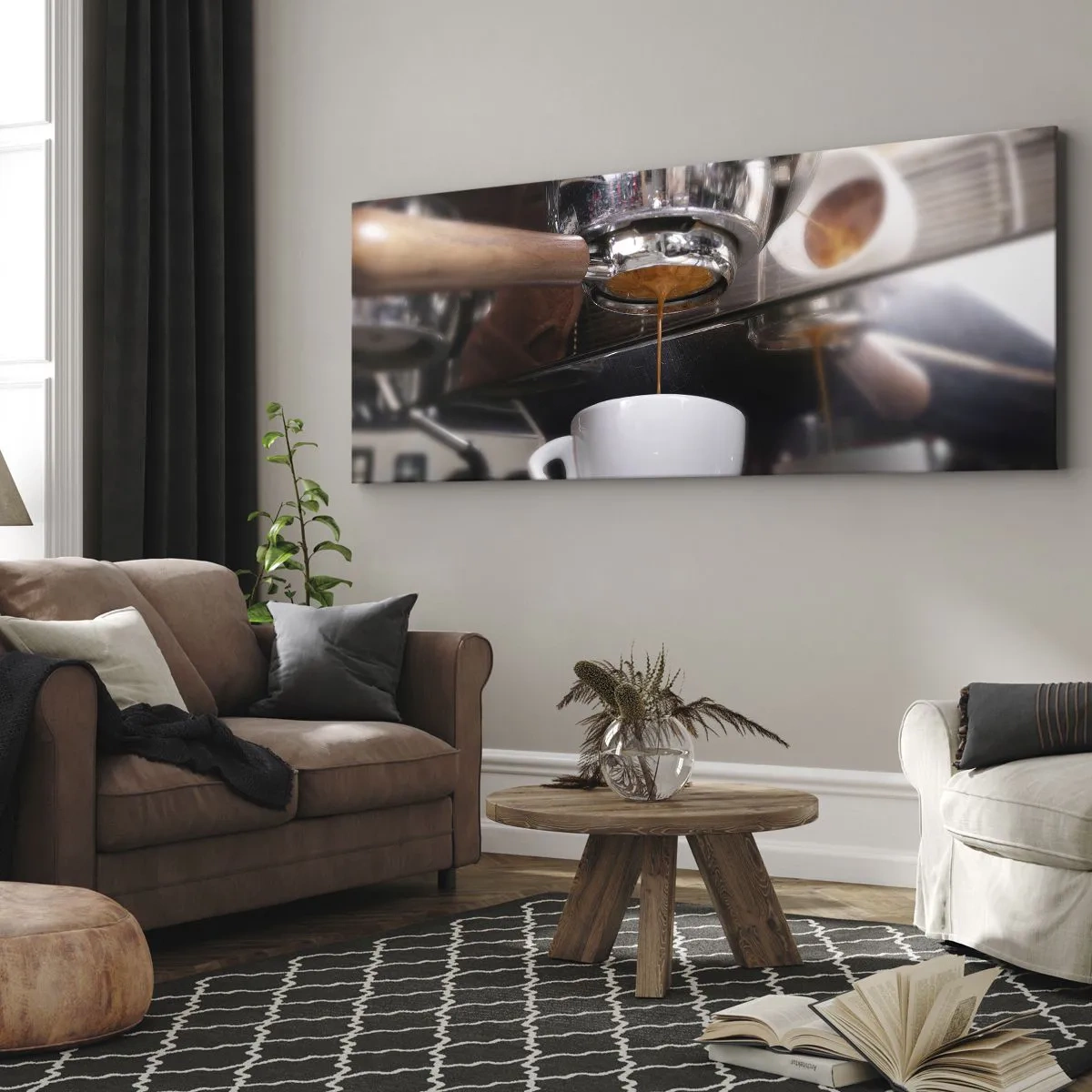 Bild auf Leinwand - Leinwandbild - Nahaufnahme einer Kaffeemaschine, die einen frischen Espresso zubereitet - 160x50cm - Gute Zeit des Tages - Moderne Wanddekoration für Wohnzimmer und Schlafzimmer ARTTOR