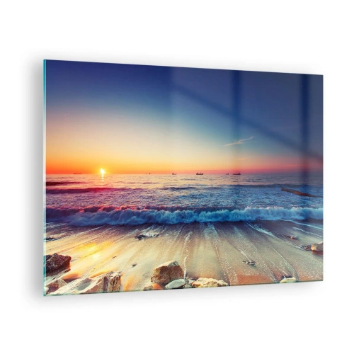 Glasbild - Bild auf glas - Sonnenuntergang über dem Strand mit sanften Wellen und ruhigem Meer - 70x50cm - Was ist mit dem Horizont? - Moderne Wanddekoration für Wohnzimmer und Schlafzimmer ARTTOR