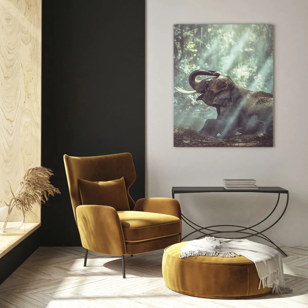 Glasbild - Bild auf glas - Ein Junge mit einem Buch und einem Elefanten in einer Waldkulisse - 50x70cm - Und hör dir das an... - Moderne Wanddekoration für Wohnzimmer und Schlafzimmer ARTTOR