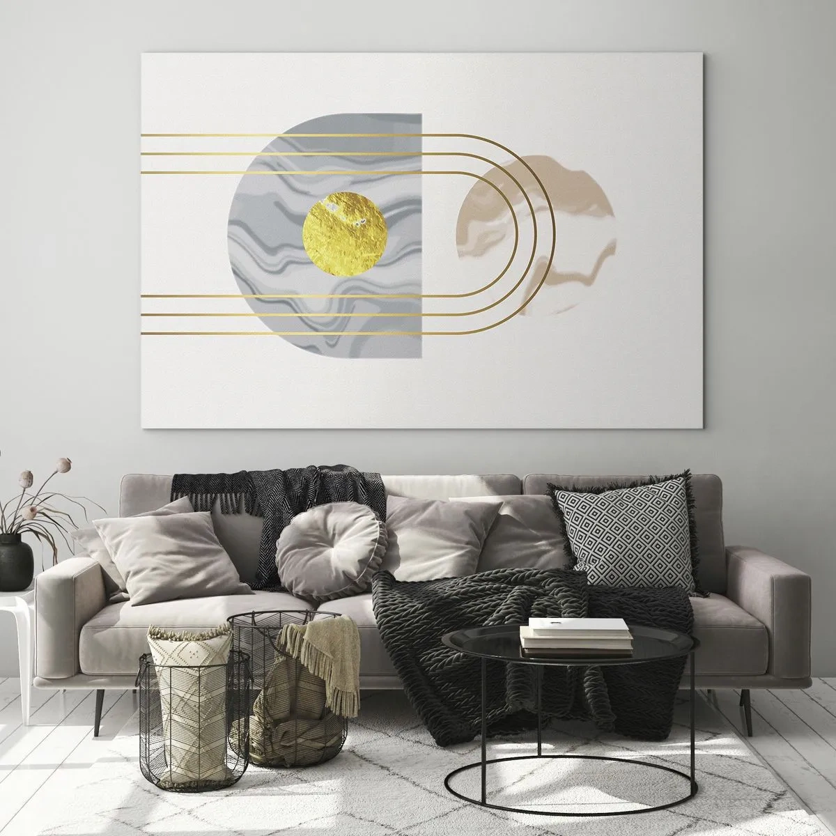 Glasbild - Bild auf glas - Abstraktes Gemälde in Gold und Grau - 100x70cm - Helligkeit und Brillanz - Moderne Wanddekoration für Wohnzimmer und Schlafzimmer ARTTOR