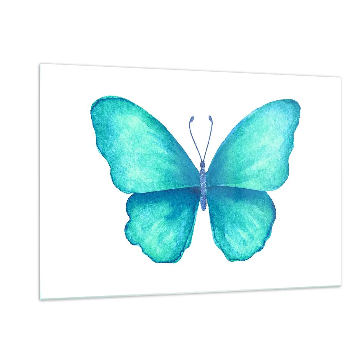 Glasbild - Bild auf glas - Blauer Schmetterling im Aquarellstil auf weißem Hintergrund - 120x80cm - Türkis von Natur aus - Moderne Wanddekoration für Wohnzimmer und Schlafzimmer ARTTOR