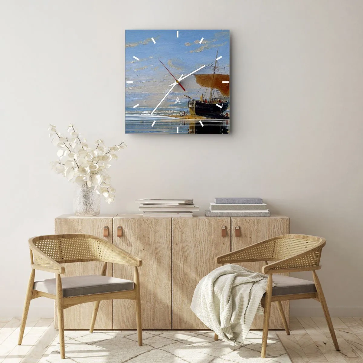 Wanduhr - Glasuhr - Ein Schiff an der Küste an einem sonnigen Tag - 30x30cm - Wasser, Land, Luft - Moderne Wanddekoration für Wohnzimmer und Schlafzimmer ARTTOR