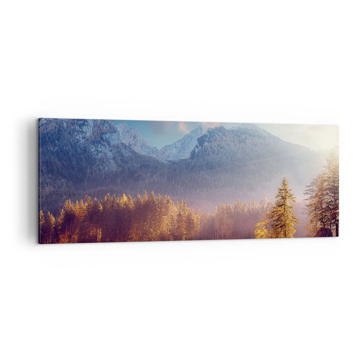 Bild auf Leinwand - Leinwandbild - Malerischer Blick auf den Bergwald und den See im Morgengrauen - 140x50cm - In den Bergen und Tälern - Moderne Wanddekoration für Wohnzimmer und Schlafzimmer ARTTOR