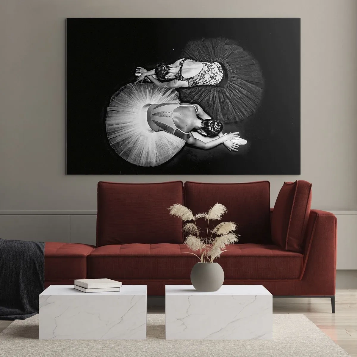 Glasbild - Bild auf glas - Zwei Ballerinas in einer Ruhepose mit schwarz-weißen Tutus - 70x50cm - Jin und Jang – perfekte Balance - Moderne Wanddekoration für Wohnzimmer und Schlafzimmer ARTTOR