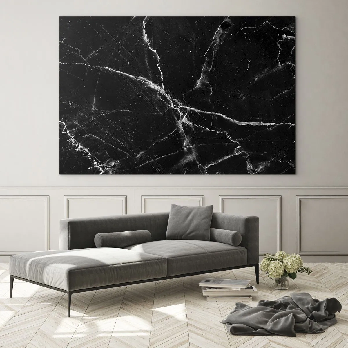 Glasbild - Bild auf glas - Schwarze Marmoroberfläche mit hellen Adern - 120x80cm - Geheimleben des Steins - Moderne Wanddekoration für Wohnzimmer und Schlafzimmer ARTTOR