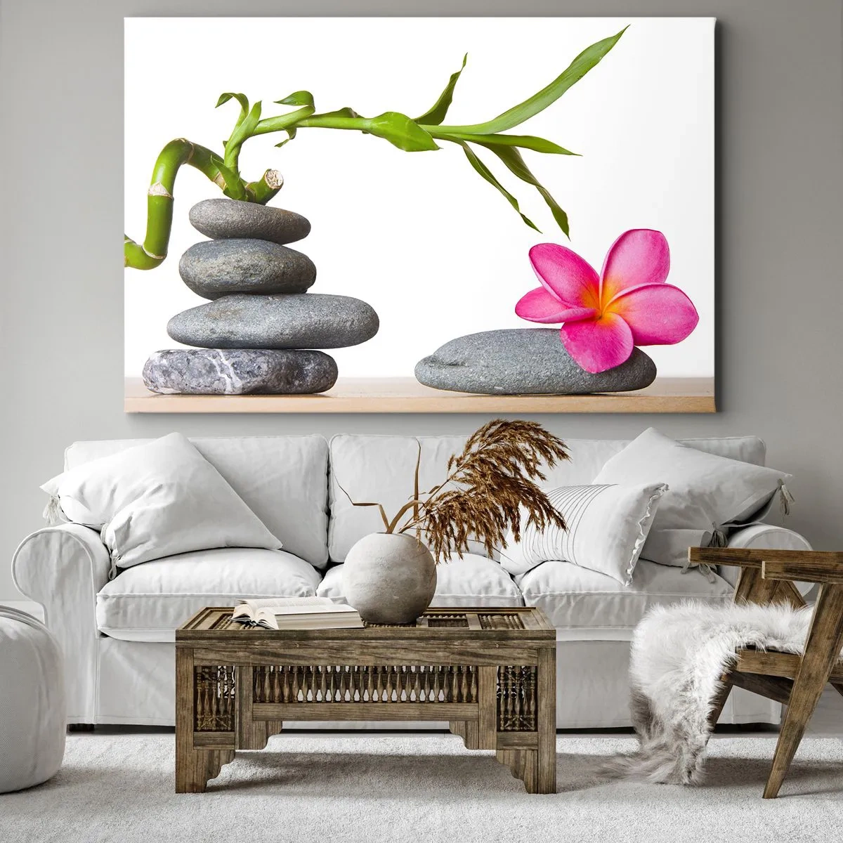 Bild auf Leinwand - Leinwandbild - Bambus und rosa Blume auf Steinen im Zen-Stil - 100x70cm - Farben des Lebens und der Dauer - Moderne Wanddekoration für Wohnzimmer und Schlafzimmer ARTTOR