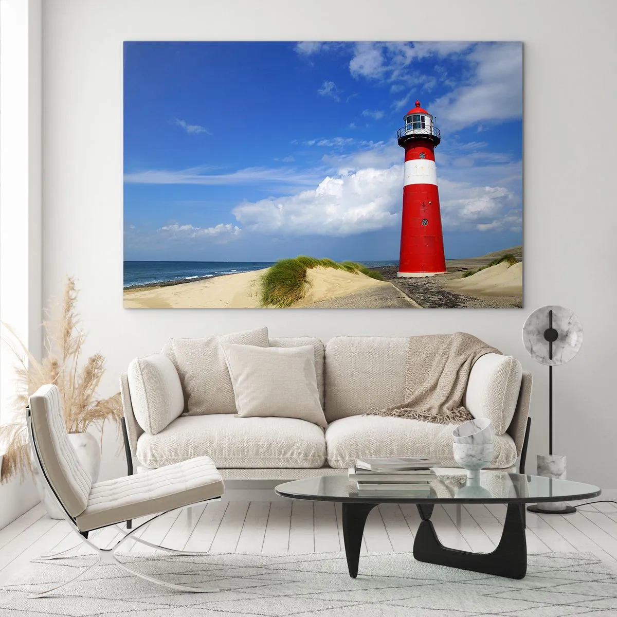 Glasbild - Bild auf glas - Ein roter Leuchtturm vor blauem Himmel - 70x50cm - Traum Einsamkeit - Moderne Wanddekoration für Wohnzimmer und Schlafzimmer ARTTOR
