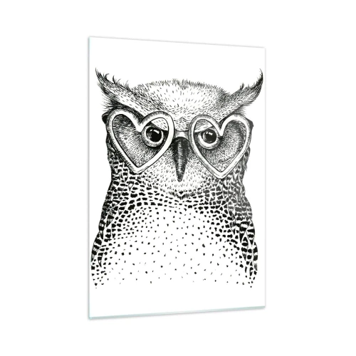 Glasbild - Bild auf glas - Abbildung einer Eule mit herzförmiger Brille - 50x70cm - Klug und mit Liebe - Moderne Wanddekoration für Wohnzimmer und Schlafzimmer ARTTOR
