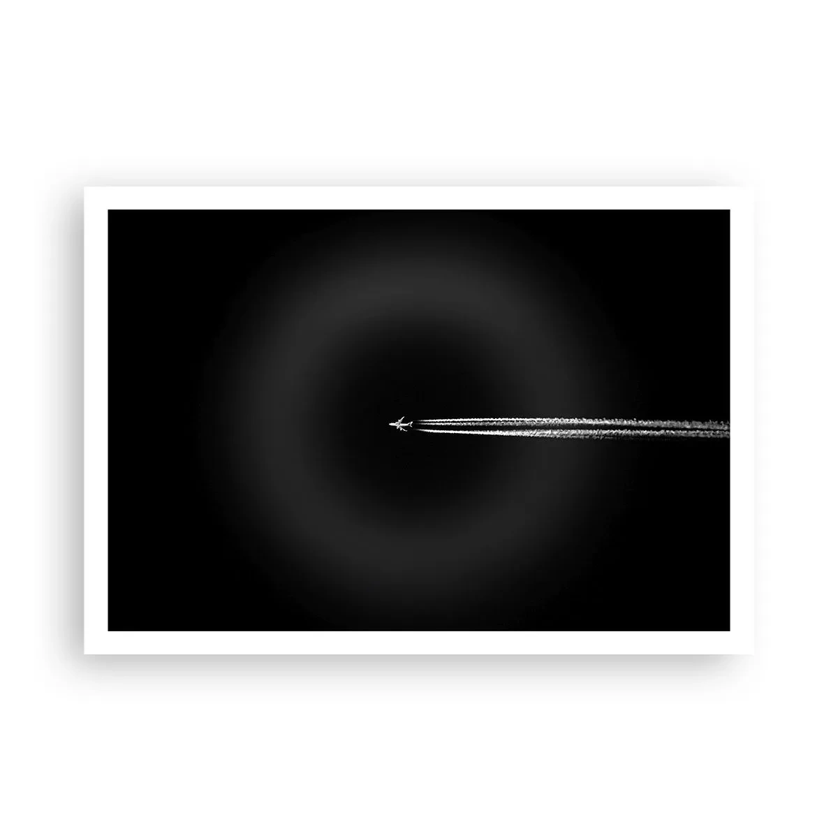 Poster - Ein Düsenflugzeug mit sichtbarem Kondensstreifen auf schwarzem Hintergrund - 100x70cm - In eine andere Dimension - Moderne Wanddekoration für Wohnzimmer und Schlafzimmer ARTTOR