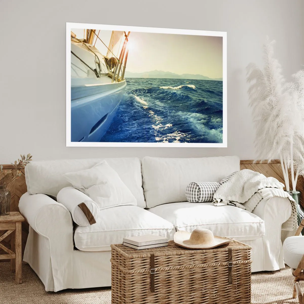 Poster - Eine Yacht auf offener See mit Blick auf die Wellen - 100x70cm - Auf ins Abenteuer - Moderne Wanddekoration für Wohnzimmer und Schlafzimmer ARTTOR